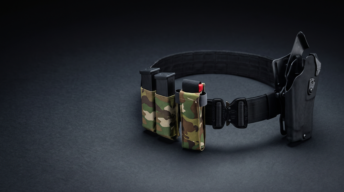 Black Safariland 4333 Low Profile Battle Belt with a closed Cobra buckle and two rows of MOLLE webbing