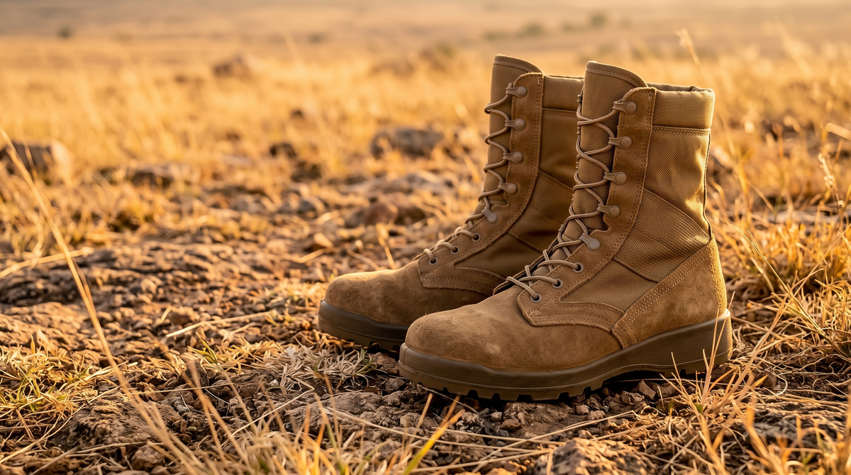 A pair of plain coyote 8 inch tactical boots on dry rocky ground at golden hour